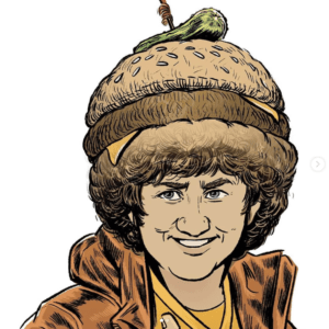A man wearing a burger on his head
